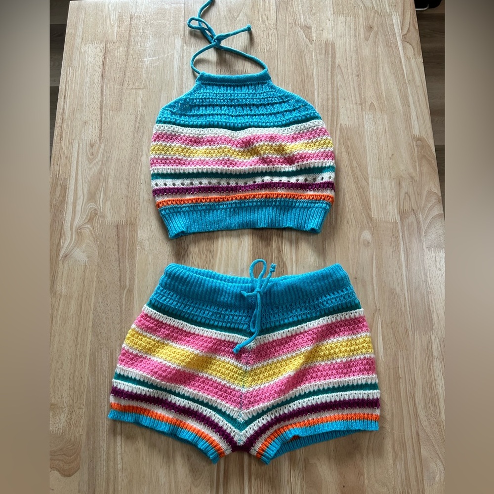 Crochet multicolor halter top and shorts Sz S